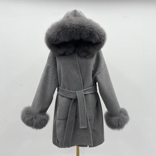 Aria Hooded Double-Sided Wool Coat with Fur Collar