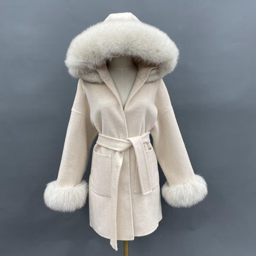 Aria Hooded Double-Sided Wool Coat with Fur Collar