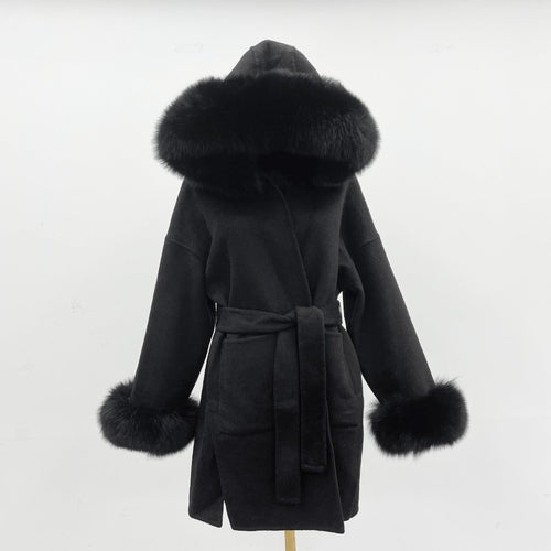 Aria Hooded Double-Sided Wool Coat with Fur Collar