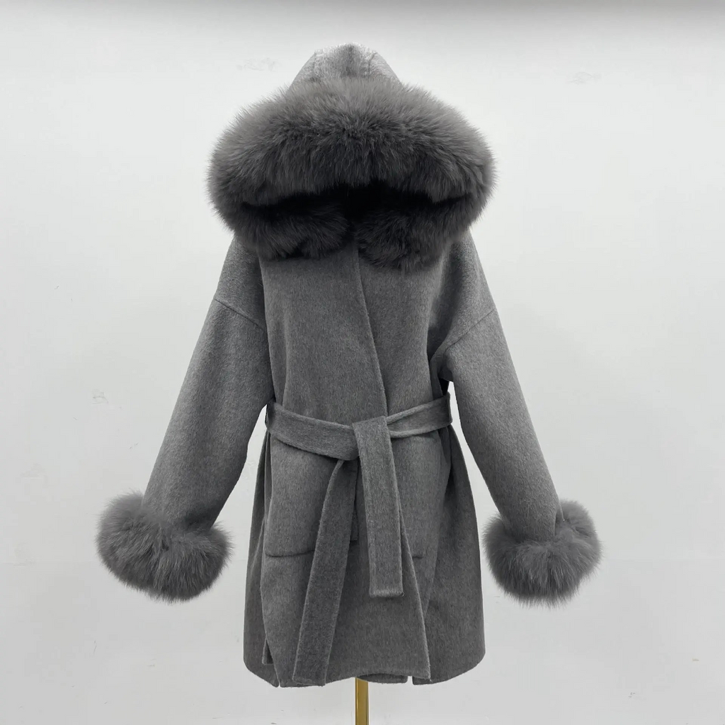 Aria Hooded Double-Sided Wool Coat with Fur Collar
