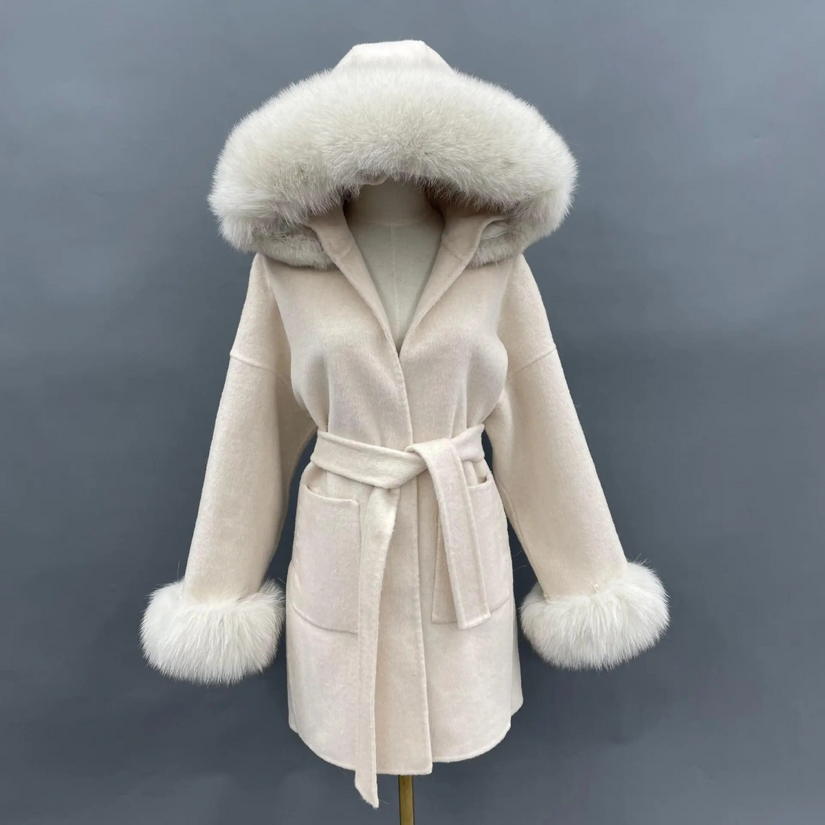 Aria Hooded Double-Sided Wool Coat with Fur Collar