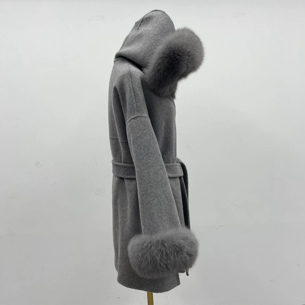 Aria Hooded Double-Sided Wool Coat with Fur Collar