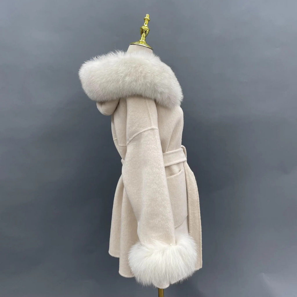 Aria Hooded Double-Sided Wool Coat with Fur Collar