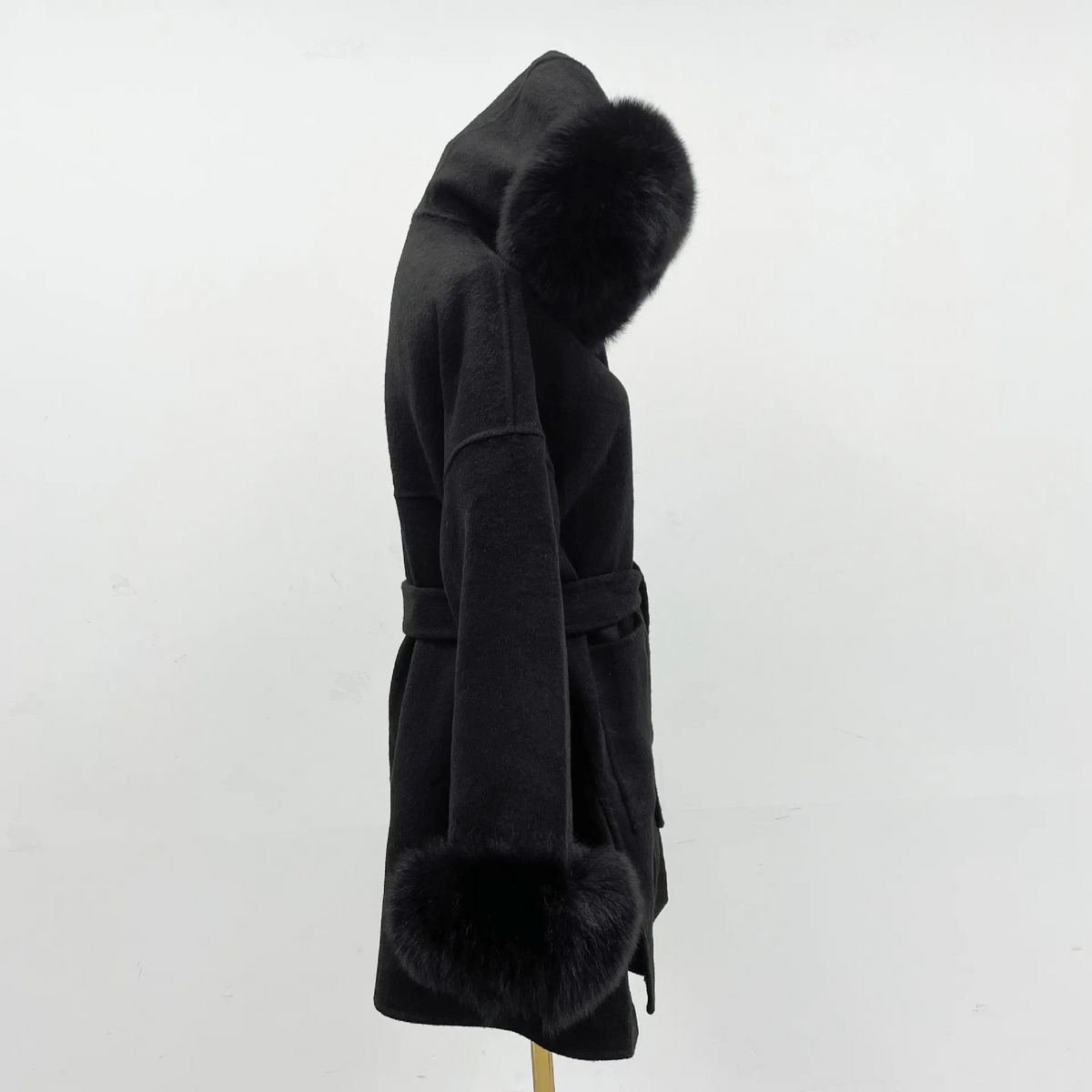 Aria Hooded Double-Sided Wool Coat with Fur Collar