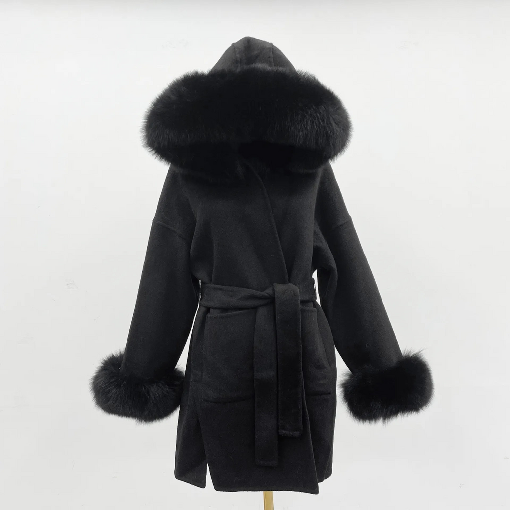 Aria Hooded Double-Sided Wool Coat with Fur Collar