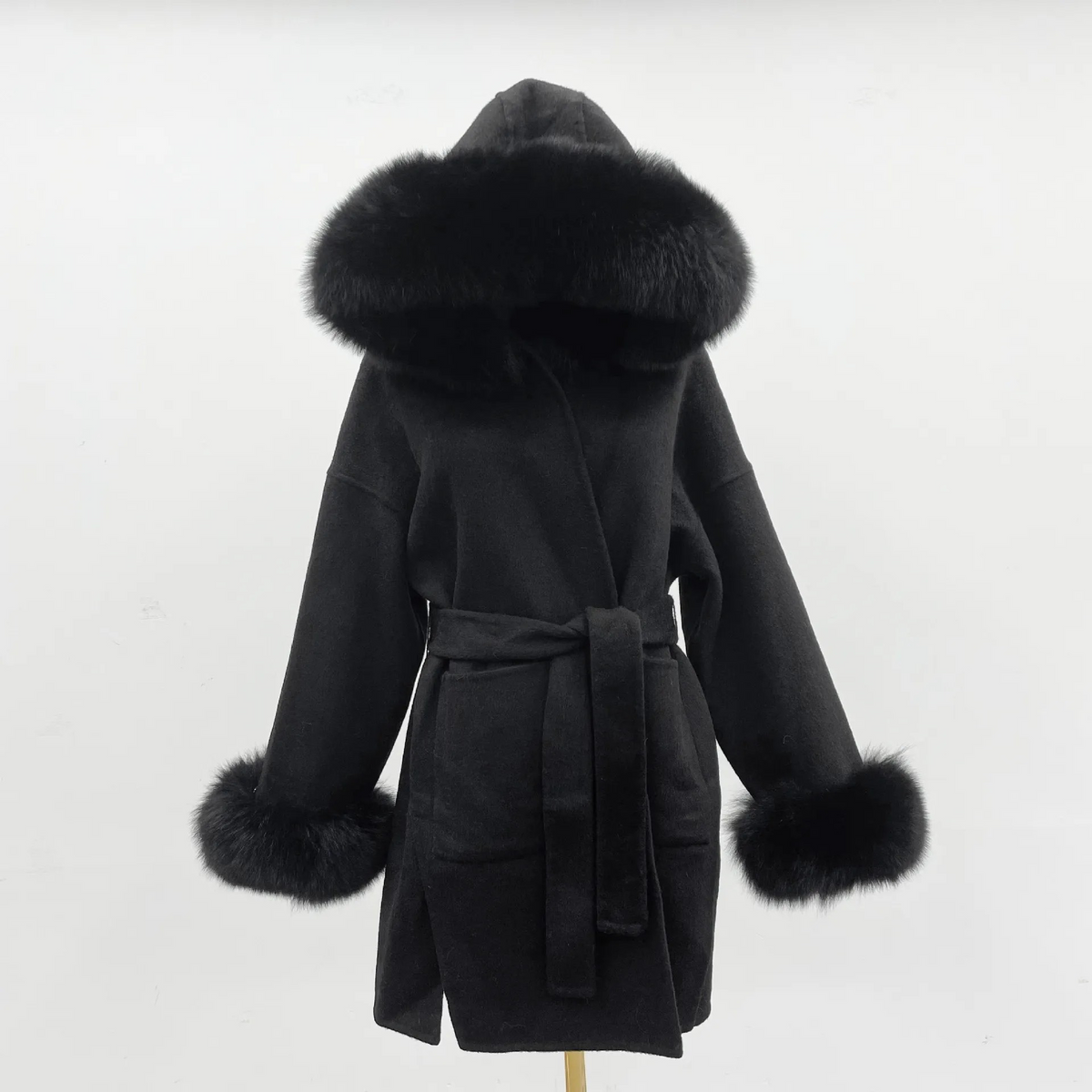 Aria Hooded Double-Sided Wool Coat with Fur Collar