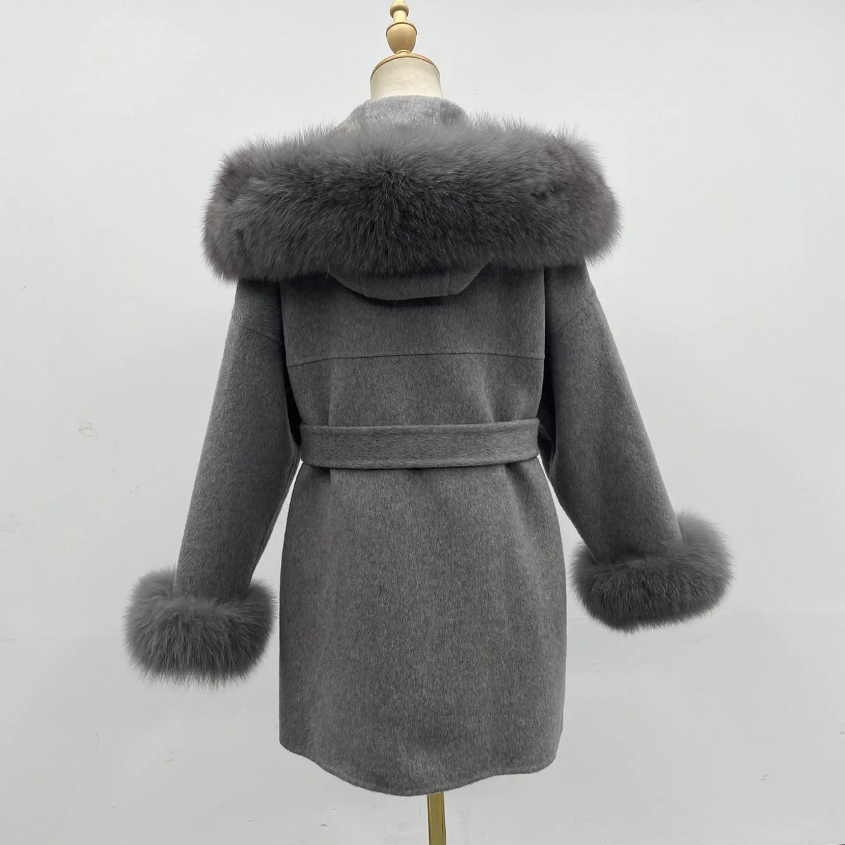 Aria Hooded Double-Sided Wool Coat with Fur Collar