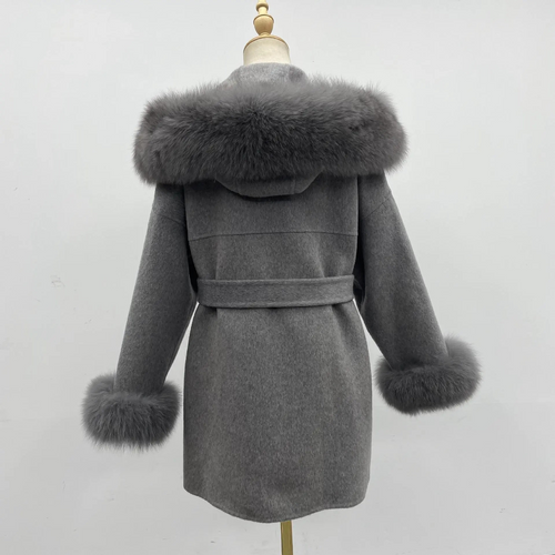 Aria Hooded Double-Sided Wool Coat with Fur Collar